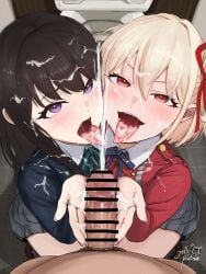 1boy 2girls absurdres bar_censor black_hair blonde_hair censored cum cum_in_mouth cum_on_body cum_on_clothes cum_on_hair cum_on_tongue ejaculation facial ffm_threesome from_above group_sex highres inoue_takina jelly_platinum looking_at_viewer lycoris_recoil lycoris_uniform male_pubic_hair multiple_girls nishikigi_chisato penis pov pov_crotch projectile_cum pubic_hair purple_eyes red_eyes straight teamwork_(sexual) threesome tongue tongue_out