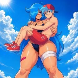 1boy 1boy1girl 1boy1girls 1boys 1girl 1girls ai ai_art ai_generated ass bandit beach big_ass big_breasts bikini blue_eyes blue_hair boy boyfriend_(friday_night_funkin) breasts carrying confident friday_night_funkin hat long_hair necklace nusky nusky_(friday_night_funkin) pink_eyes sky sky_(friday_night_funkin) tights