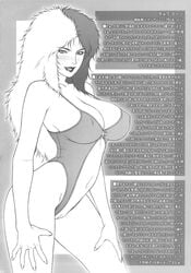 1girls 2010 blush breasts chara_soon curvaceous greyscale gundam gundam_zz human japanese_text large_breasts long_hair monochrome motchie_kingdom pussy solo swimsuit text thick_thighs two_tone_hair villainess wide_hips