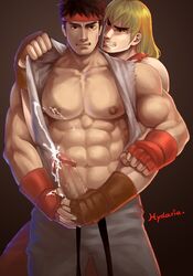 2boys abs asian bara biceps big_penis blonde blonde_hair brown_hair capcom clenched_teeth color cum cum_in_nipples cum_on_nipples cum_on_penis cumshot eight_pack ejaculation fingerless_gloves from_behind gloves grabbing_from_behind grabbing_penis handjob headband human hydaria interracial karate_gi ken_masters looking_at_partner looking_at_viewer male male_focus male_nipples male_only multiple_boys multiple_males muscles muscular muscular_male naked nipples penis_grab reach_around ryu_(street_fighter) short_hair street_fighter uncensored undressing veiny_penis yaoi