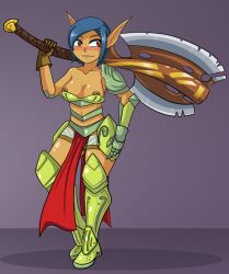 1girls adventurequest adventurequest_worlds aqw aqworlds armor armored_female artix_entertainment axe ballyhoo blue_hair blue_pubic_hair blush dinobirdofdoom elf elf_ears elf_female female female_only gloves holding_axe holding_weapon looking_away nipple_slip nipples no_bra no_panties pubic_hair pussy pussy_peek pussy_slip red_eyes short_hair skimpy skimpy_armor smile solo tan_body weapon weapon_over_shoulder