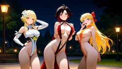 3girls ai_generated aino_minako bishoujo_senshi_sailor_moon black_hair blonde_hair blue_eyes blush crossover fellatio_gesture female_only genshin_impact golden_eyes liarty lumine_(genshin_impact) minako_aino night_sky revealing_clothes ruby_rose rwby sailor_venus short_hair silver_eyes