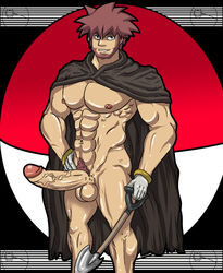 1boy abs bara beard brown_hair byron_(pokemon) cape color facial_hair front_view gloves hair hand_on_hip holding huge_cock huge_testicles human looking_at_viewer male male_only muscle muscles navel nipples penis poke_ball pokemon pubic_hair short_hair shovel solo tan_skin testicles uncensored vein veiny_penis