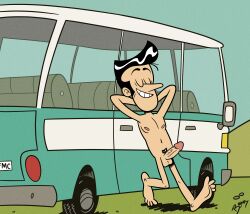 1boy arms_behind_head artist_name artist_signature balls barefoot black_hair black_pubic_hair blue_sky car closed_eyes cock completely_nude completely_nude_male dick erected_penis erection grass great_grandpa_loud green_grass grin long_nose male_focus male_only male_pubic_hair naked naked_male nude nude_male onlyboney outside penis posing pubic_hair sky smile solo solo_male testicles the_loud_house van