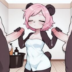 ai_generated animated anthro anthro_on_anthro bear_ears bear_tail black_fur bukkake cum cum_drip cum_on_body cum_on_face cum_on_tongue double_handjob ejaculation furry handjob humanoid_genitalia humanoid_penis kraakai navel_visible_through_clothes open_mouth panda pink_eyes stroking_cock stroking_penis tagme tongue towel_only video white_fur