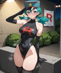 1girls :o ai_generated aqua_hair banner bare_shoulders black_leotard blush brainwashed breasts bush clothes_writing corruption covered_navel elbow_gloves enemy_conversion female green_hair hair_between_eyes halterneck hat heart heart-shaped_pupils heavy_breathing leotard looking_at_viewer night nintendo notreallyhere officer_jenny_(pokemon) pokemon police policewoman salute solo spotlight standing star_(symbol) sweat teal_eyes team_rocket team_rocket_uniform thighhighs