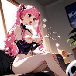 ai_generated artist_request black_eyes blush clothing coach drooling female female_only heavy_breathing indoors lactation lingerie medium_breasts milking_self navel one_piece open_mouth perona perona_(one_piece) pink_hair pleasure_face tongue_out trembling