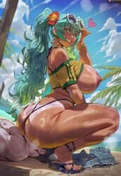 1boy 1girls 2020s 2025 ai_assisted ai_generated beach big_ass big_breasts big_thighs brazilian brazilian_miku breasts breasts_out clothes_removed cyan_hair dark-skinned_female earrings facesitting female female_on_top flower_in_hair g-string glasses glasses_on_head happy heart heart_around_head huge_ass huge_breasts interracial latin_american_hatsune_miku_(meme) light_skin male outdoors pale-skinned_male pale_skin panties pink_heart shexyo shirt shirt_lift shorts_removed sitting_on_person smile squatting t-shirt thick thick_thighs twintails