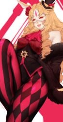 1girls alternate artist_signature blonde_hair breasts bunny_ears clothed costume female female_focus female_only looking_at_viewer mask masquerade_medic medic_(tds) muffin_nouo official roblox roblox_game robloxian roses self_upload smile smug solo thighs tower_defense_simulator