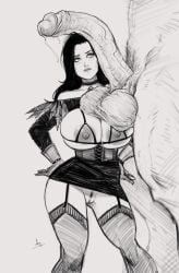 2d big_breasts big_penis black_and_white black_hair bra breasts cd_projekt_red devil_hs female garter_belt garter_straps light-skinned_female light_skin lingerie looking_at_penis mascara monster necklace nipples ogre penis precum pubic_hair pussy stockings testicles the_witcher_(series) the_witcher_3:_wild_hunt yennefer