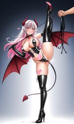 1boy ai_generated ass_visible_through_thighs bare_shoulders bikini black_bikini black_choker black_footwear black_gloves blush boots breasts choker cleavage closed_mouth clothing collar colored_inner_hair corset demon_girl demon_horns demon_tail demon_wings dominatrix elbow_gloves female flexible footwear full_body gloves gradient_background hair_between_eyes heart-shaped_pupils heart_tattoo high_heel_boots high_heels highleg holding holding_whip horns large_breasts latex latex_gloves leg_tattoo leg_up legwear long_hair looking_at_viewer low_wings multicolored_hair navel panties pink_eyes pink_hair pointy_ears pubic_tattoo red_eyes riding_crop shoes smile solo_focus split standing standing_on_one_leg standing_split stiletto_heels stomach stomach_tattoo streaked_hair succubus swimsuit symbol-shaped_pupils tail tattoo thigh_boots thighhighs thighs two-tone_hair underwear whip white_hair wings
