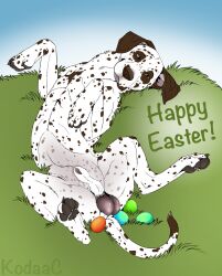 animal_genitalia balls brown_balls brown_ears brown_eyes brown_markings brown_nose brown_spots canid canine canis domestic_dog easter easter_egg english_text feral floppy_ears fully_sheathed fur genitals glistening glistening_eyes hi_res holidays kodaac lying male male_feral mammal markings mouth_closed narrowed_eyes on_back sheath solo spots spread_legs spreading text whiskers white_body white_fur