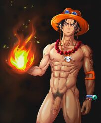 1boy abs allenchen0310 angry ass_visible_through_thighs balls bead_necklace beefy biceps big_areola black_background black_eyes black_hair bracelet breasts burning collarbone compass completely_nude curly_hair dark_background eight_pack elbow_pads fire flame foreskin foreskin_folds frown gay half-erect hat hi_res legs_apart male male_only manly muscles muscular muscular_arms muscular_legs muscular_male muscular_neck muscular_thighs navel nude one_piece pecs penis portgas_d_ace pre-timeskip pubic_hair quadriceps red_glans retracted_foreskin shadow short_hair six_pack skull solo standing tattoo tattooed_arm tough_guy uncensored uncircumcised uncut veiny_penis wristband