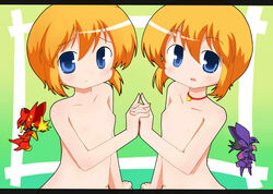 2010 2girls blue_eyes clone elpeo_ple female gundam gundam_zz hanetu holding_hands human multiple_girls nipples no_breasts nude orange_hair petite ple_two short_hair