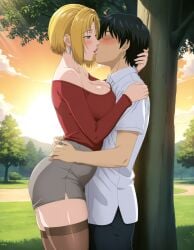 1boy 1girls adult_and_teenager adult_female against_tree age_difference ai_generated alternate_costume bangs_over_eyes bare_shoulders before_sex bible_black bible_black_new_testament big_breasts blonde_hair bob_cut brown_hair busty choker city_background closed_eyes enigmata eyeless_male faithful_to_the_anime female femdom height_difference high_resolution imminent_sex jacket kissing kitami_reika large_breasts lipstick male malesub milf no_sex official_alternate_costume older_female_and_younger_male outdoors outercourse outside pants park parted_bangs pencil_skirt public_exposure public_indecency school_uniform seducing shin_bible_black shirt short_hair size_difference skirt smaller_male stockings sucking_nipples sunset swept_bangs taller_female teacher_and_student teenage_male teenager thighhighs tree uncensored urban voluptuous voluptuous_female