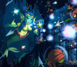1girls armor asterozoan blue_eyes blue_hair breasts echinoderm featureless_breasts female group hair headgear helmet hi_res humanoid male marine melee_weapon merfolk navel nude open_mouth polearm shantae shantae_(character) shantae_(mermaid_form) sonicboom30813 spear split_form starfish tinkerbat underwater water wayforward weapon