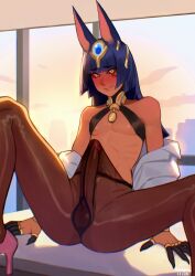 1boy absurdres animal_ears artist_name blue_hair blunt_bangs blush brown_pantyhose brown_sclera bulge colored_sclera crossdressing crossdressing_(mtf) dated day erection erection_under_clothes eye_tattoo gusset high_heels highres hung_femboy hung_trap indoors jackal_ears large_penis long_hair looking_at_viewer nilsunna off_shoulder open_clothes open_shirt original pantyhose pectorals penis pink_shoes shirt shoes sitting smile solo sunna_(nilsunna) tattoo testicles trap uncensored white_shirt window yellow_eyes