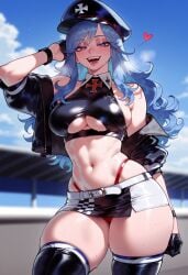 1girls abs ai_generated balecxi bare_shoulders belt black_gloves black_headwear black_jacket black_thighhighs blue_eyes blue_hair blue_sky blurry_background blush breasts clothing clothing_cutout cloud crop_top curvaceous curvaceous_female curvaceous_figure curvy curvy_figure day fairy_tail fangs female female_focus female_only gloves half_gloves hat headwear heart-shaped_pupils heavy_breathing highleg highleg_panties jacket juvia_lockser large_breasts legwear long_hair looking_at_viewer midriff miniskirt navel off_shoulder open_clothes open_jacket open_mouth outdoors panties panty_straps peaked_cap race_queen red_panties sideboob skindentation skirt sky smile solo stomach sweat symbol-shaped_pupils teeth thick_thighs thighhighs thighs underboob underboob_cutout underwear voluptuous voluptuous_female white_belt