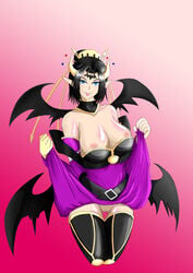 beige_skin black_hair blue_eyes breasts clothes color digimon digimon_(species) female female_only front_view hair horns lilithmon looking_at_viewer nipples open_eyes pointy_ears pussy seven_great_demon_lords solo standing succubus tongue vulva wings