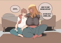 arm_around_shoulder big_breasts blonde blonde-haired_female blonde_female blonde_hair blonde_hair_female boobs breasts_bigger_than_head controller english_dialogue english_text female female/male holding_object huge_boobs huge_breasts looking_at_another male male/female milf mizuki_(ocerius) ocerius older_female_and_younger_male sharp_teeth sitting sitting_down sitting_on_floor tagme text text_bubble thick_thighs