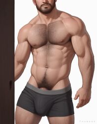 1oby 2d ai_assisted bara beard body_hair bulge chest_hair chris_redfield detailed_bulge eyes_out_of_frame facial_hair hairy human male male_focus male_only male_pubic_hair male_underwear muscular muscular_male penis_base resident_evil resident_evil_8:_village solo thumosx underwear_only white_background