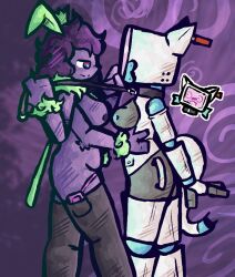 4_arms abstract_background anthro bisexual_pride_colors blush breasts caressing_face duo exposed_breasts female female/female fur green_body green_fur handles_on_back hi_res humanoid leash leash_pull lgbt_pride machine miau_242 mintymal_ink multi_arm multi_limb pride_colors psylocyb purple_body robot robot_humanoid screen_face smug_face spiral_background tail thong_straps