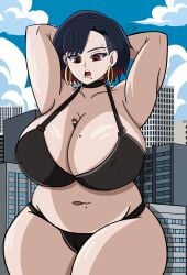 1boy big_breasts breasts coloredyiddies female female_focus giant_female giant_woman giantess huge_breasts lei_(coloredyiddies) light-skinned_female light_skin male miniguy short_hair short_hair_female solo_female thick_thighs thighs