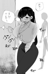 1girls blush breasts female hand_between_legs have_to_pee huge_breasts knocking knocking_on_door long_hair nutarou office_lady open_mouth original original_character pants ponytail solo sweat