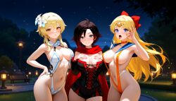 3girls ai_generated aino_minako bishoujo_senshi_sailor_moon black_hair blonde_hair blue_eyes blush crossover fellatio_gesture female_only genshin_impact golden_eyes liarty lumine_(genshin_impact) minako_aino night_sky revealing_clothes ruby_rose rwby sailor_venus short_hair silver_eyes