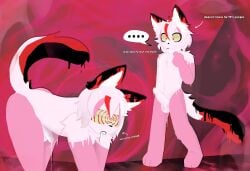 anthro balls bodily_fluids cherry drone dronification duo felid feline food fruit genital_fluids genitals goo_creature humor hypnosis hypnotic_visor male male/male mammal mind_control multicolored_body penis pink_body plant precum red_ears red_eyes simple_background snubcube speech_bubble spiral strabby_nanners text transformation yellow_eyes