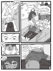 asriel_dreemurr bed bedroom big_ass big_breasts booty_shorts comic comic_page deer_antlers deer_girl deltarune dess_holiday erection_under_clothes fully_clothed goat_boy goat_horns grinding grinding_through_clothes implied_sex laying_on_bed looking_at_viewer monochrome oblivious on_bed pajamas self_upload short_shorts sitting_on_bed sitting_on_lap stars sweatdrop tank_top text text_bubble trophy whatthedude