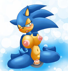 anthro barefoot black_ears blue_fur blush breasts chaossabre color female female_only front_view fur furry furry_ears green_eyes hedgehog insertion nipples pointy_ears pussy rule_63 solo sonic_(series) sonic_the_hedgehog tan_skin vaginal_insertion vulva wink