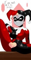 1girls batman:_the_animated_series batman_(series) big_breasts blonde_hair bunbunmuffinart crotchless_clothes dc dc_comics dcau english_text erect_nipples_under_clothes female female_only harley_quinn harley_quinn_(classic) large_breasts light-skinned_female light_skin nipple_bulge no_bra no_panties no_underwear pubic_hair pussy shaving shaving_pussy solo