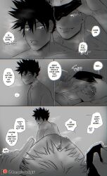 2boys anus ass blindfold blindfold_removed blush comic cuntboy english_text fushiguro_megumi grin indoors intersex jujutsu_kaisen looking_at_another male monochrome nipples nude pussy rinjiafterdark satoru_gojo short_hair smile text trembling yaoi