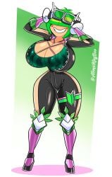 1girls atomickingboo background big_breasts blaster_master blaster_master_zero blaster_master_zero_2 breasts cleavage cosplay curvaceous curvy female gamer_girl green_hair hourglass_figure kanna_(blaster_master) kanna_(cosplay) legs light-skinned_female light_skin lower_body moni_peiper original original_character punk_girl short_hair simple_background thick thick_legs thick_thighs thighs upper_body voluptuous watermark