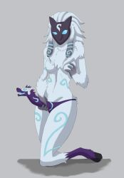 2023 anthro blue_eyes blue_nipples bovid breast_grab breasts canid canine canis caprine dildo dildo_with_face female female_only fur furry grey_background grey_fur hooves kindred kneeling lamb_(league_of_legends) league_of_legends looking_at_viewer mammal mask masked masked_female nipples purple_dildo riot_games sex_toy sheep simple_background strap-on strap-on_with_face strapon tanakashi53 wolf wolf_(league_of_legends)