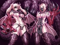 2girls after black_sclera claws corruption hei_kai large_breasts lingerie living_clothes loincloth monster monsterification multiple_girls navel panties pelvic_curtain post_transformation tentacle thighhighs transformation 黒鎧