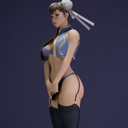 1girls 3d adapted_costume alternate_costume big_ass bra brown_eyes chun-li chun-li_(fortnite) chun_widow clothed double_bun earring earrings female female_only fortnite garter_straps hair_bun hair_buns hair_ribbon hairbun jacket lace-trimmed_bra lingerie panties pearl_earrings pony self_upload short_hair short_jacket solo street_fighter thong vest