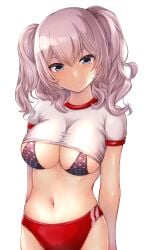 absurdres alternate_costume black_bra blue_eyes bra breasts buruma clothes_lift female female_only fukukaminai gym_shirt highres kantai_collection kashima_(kantai_collection) large_breasts micro_bikini navel red_buruma shirt shirt_lift short_sleeves sideboob sidelocks silver_hair solo solo_female twintails underwear wavy_hair