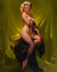 1950s 1957 1girls 20th_century 50s ass blonde_hair breasts brown_&_bigelow female female_only gil_elvgren lipstick makeup nail_polish nipples nude painting_(artwork) pinup pinup_girl see-through solo straight_hair thighs traditional_media_(artwork) vintage