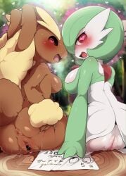 <3_eyes 2022 anthro anus aroused ass blurred_background blush bodily_fluids breasts butt_grab dagasi detailed_background digital_media_(artwork) drooling duo female gardevoir genital_fluids genitals hand_on_butt heart hi_res hypnosis lagomorph leporid looking_at_viewer looking_back lopunny mammal medium_breasts mind_control nintendo open_mouth outside pokémon_(species) pokemon pokemon_(species) pseudo_clothing pseudo_hair pussy pussy_juice rear_view saliva submissive submissive_female sweat tree_stump video_games y_anus