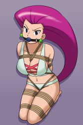 1girls arms_tied_behind_back ball_gag blue_ball_gag blue_eyes bondage bondage bra breasts crotch_rope dankestofdans earrings gag gagged jessie_(pokemon) kneeling large_breasts legs_tied long_hair looking_at_viewer midriff navel nintendo panties pokemon pokemon_rgby ponytail purple_hair rope rope_between_breasts rope_bondage shibari_over_clothes white_bra white_panties