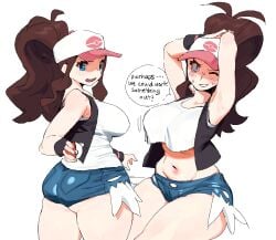 1girls adjusting_ponytail baseball_cap big_breasts blue_eyes booty_shorts breasts clothed clothing daisy_dukes defeated dialogue english_text female female_only game_freak hilda_(pokemon) holding_pokeball hourglass_figure light-skinned_female light_skin long_brown_hair long_hair long_ponytail navel nintendo pale_skin pokeball pokeball_logo pokemon pokemon_bw ponytail short_shorts shorts sideboob solo solo_female speech_bubble tank_top text thick_thighs underboob white_background whoopsatro