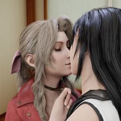 1:1 2girls 3d absurd_res accelevik aerith_gainsborough black_hair closed_eyes female female_only final_fantasy final_fantasy_vii final_fantasy_vii_remake hi_res kissing looking_at_another tifa_lockhart yuri