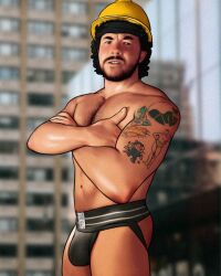 1boy arms_crossed bulge caucasian caucasian_male construction_worker damnarts jeffrey_aviles jockstrap looking_at_viewer male male_only muscles muscular muscular_male real_person solo solo_male tattoos