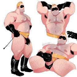 1boy armpit_hair arms_up bara bdsm bdsm_outfit belt black_gloves black_thong black_underwear blonde blonde_hair body_hair boots buff bulge chest_hair dad_bod dadbod daddy dilf eye_mask fabssdaf facial_hair gloves hairy hairy_armpits hairy_arms hairy_balls hairy_chest hairy_male hairy_thighs hand_on_penis hands_behind_head human human_only light-skinned_male light_skin male male_focus male_masturbation male_nipples male_only masturbating masturbation mature mature_male mr._incredible muscles muscular muscular_male nipples pecs pectorals penis penis_out pink_nipples pose posing precum pubic_hair robert_parr solo solo_focus solo_male standing the_incredibles thong touching_penis underwear whip