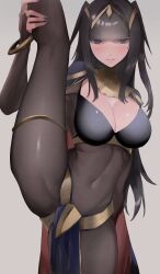 1girls bangs black_hair blush bodystocking bodysuit bracelet breasts cape cleavage commentary_request covered_navel female female_only fingernails fire_emblem fire_emblem_awakening gold_trim grey_background highres jewelry kataku_musou leg_up loincloth long_hair looking_at_viewer medium_breasts nail_polish nintendo parted_lips pelvic_curtain shiny shiny_hair simple_background solo split standing standing_on_one_leg tharja_(fire_emblem) thigh_strap tiara turtleneck
