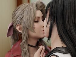 1:1 2girls 3d absurd_res accelevik aerith_gainsborough black_hair closed_eyes female female_only final_fantasy final_fantasy_vii final_fantasy_vii_remake hi_res kissing looking_at_another tifa_lockhart yuri