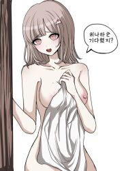 blush breasts comi_(artist) completely_nude completely_nude_female danganronpa danganronpa_2:_goodbye_despair female_only holding_towel large_breasts mole mole_on_breast nanami_chiaki straight_hair super_danganronpa_2 towel towel_only wet wet_hair