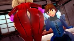 ann_takamaki bedroom blonde_hair blush female huge_ass human imminent_sitting makoto_niijima nervous persona persona_5 phantom_thief_suit shocked shocked_expression skin_tight small_breasts suit unski113d wardrobe_malfunction zipper